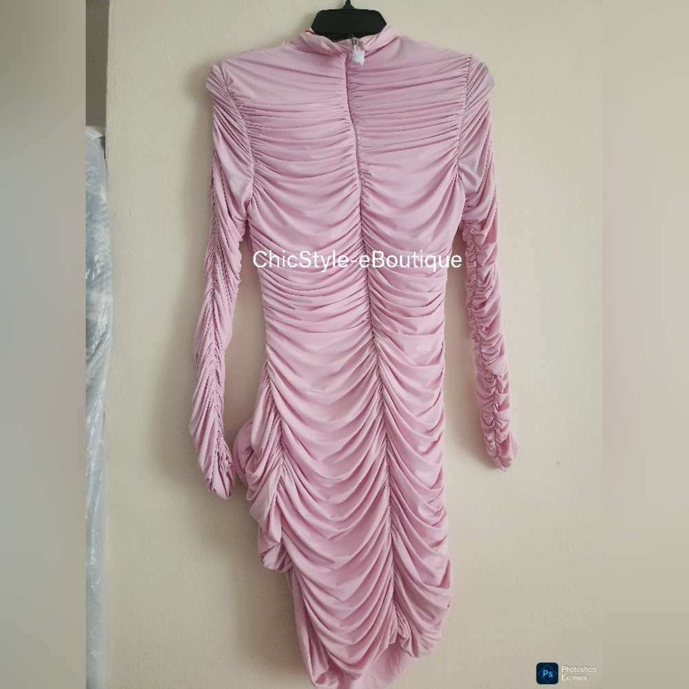 H&M x Magda Butrym Pink Long Sleeve Ruched Mini Dress - Picture 5 of 13